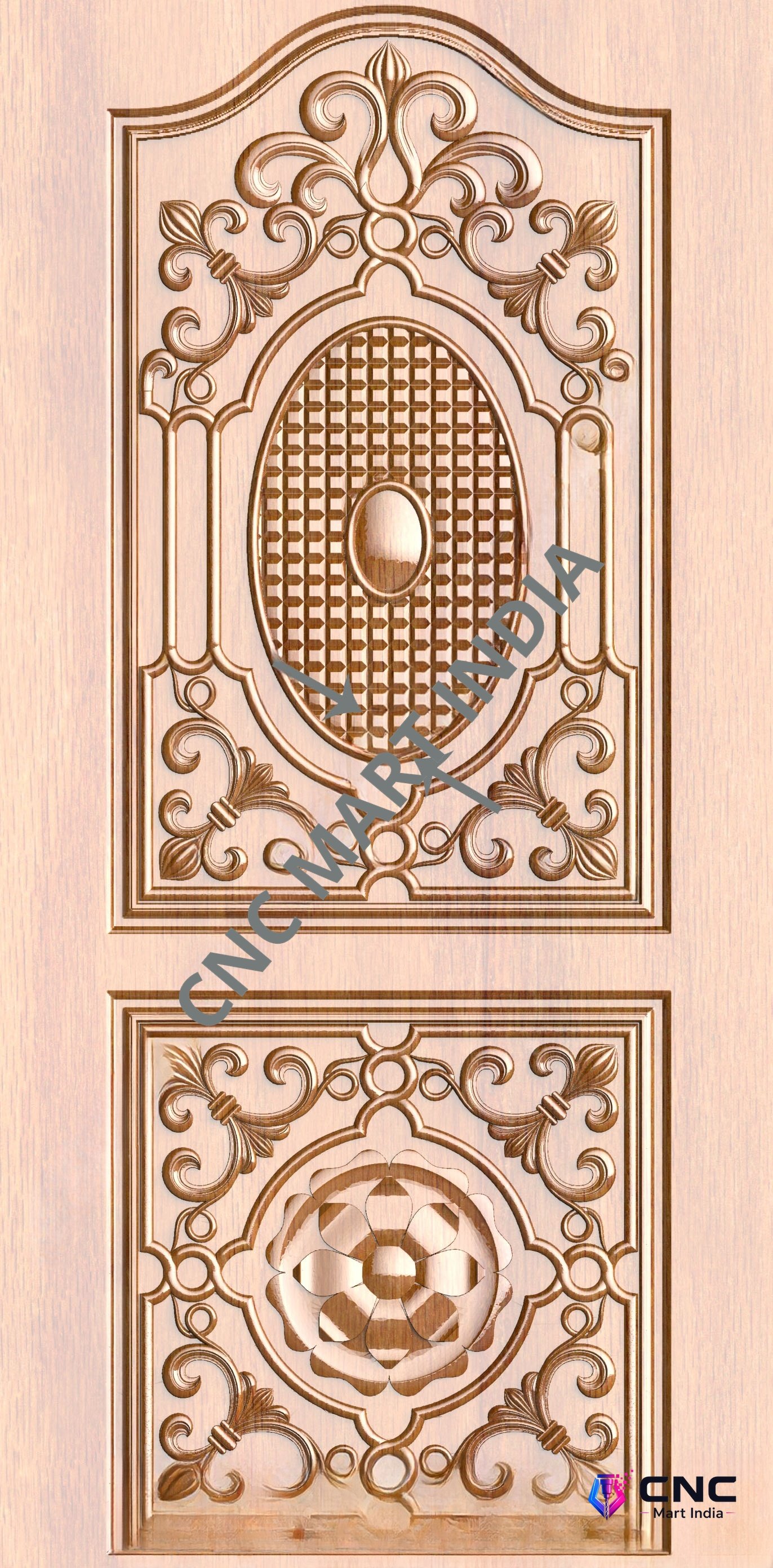 Arch - ARCH-39 Traditional Ornamental Floral & Lattice Carved Wooden Door 3D Model